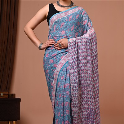 Golden Blooms Hand Block Printed Georgette Saree