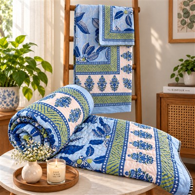 Sky Blooms Quilted Comforter &amp;amp; Bedsheet Ensemble
