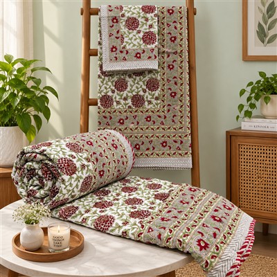 Sage Crimson Floral Artisan Quilted Comforter &amp;amp; Bedsheet Set