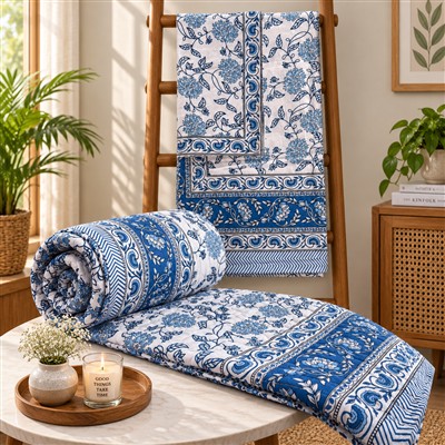 Navy Floral Harmony Cotton Comforter &amp;amp; Bedsheet Set