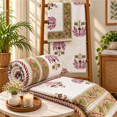 Crimson Blossom Patchwork Quilted Comforter &amp;amp; Bedsheet Set