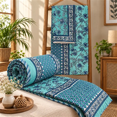 Aqua Bloom Geometric Quilted Comforter &amp;amp; Bedsheet Set