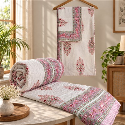 Rose Garden Geometric Cotton Quilted Bedding Set
