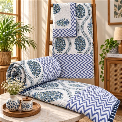 Navy Floral Harmony Quilted Comforter &amp;amp; Bedsheet Set