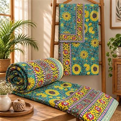 Turquoise Sunflower Charm Quilted Comforter &amp;amp; Bedsheet Set