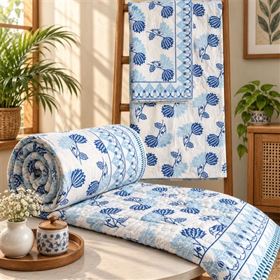 Navy Floral Symphony Quilted Comforter &amp;amp; Bedsheet Set