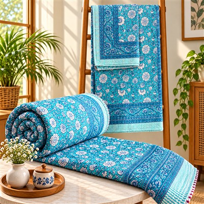 Turquoise Garden Delight Quilted Comforter &amp;amp; Bedsheet Set