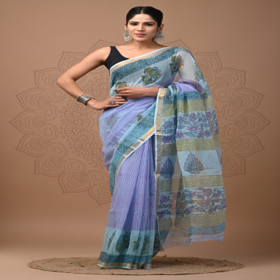 Traditional Bagru Print Kota Doria Saree with Blouse Included