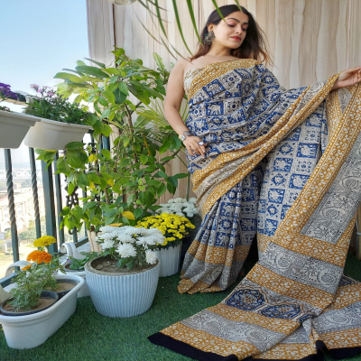 Beautiful Blue and Yellow Bagru Handblock Print Cotton Mulmul Saree with Blouse
