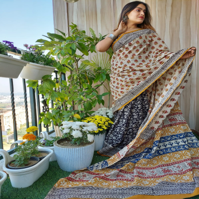 Beautiful Cotton Mulmul Bagru Hand Block Print Blue Saree with Blouse