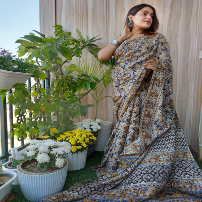 BlockArt Womens Cotton Mulmul Bagru Handblock Print Vegetable Dye Saree with Blouse