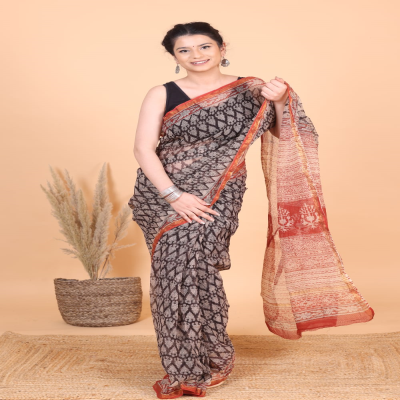 Elegant Look Bagru Handblock Printed Kota Doria Saree with Blouse