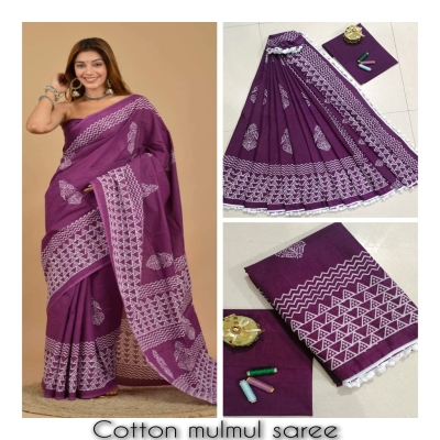 Party Wear Light Purple Sanganeri Print Cotton Mulmul Saree with Blouse
