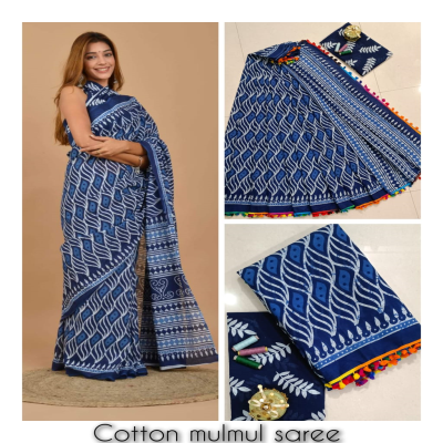 Blue Color Semi Cotton Mulmul with Blouse Sanganeri Print Saree
