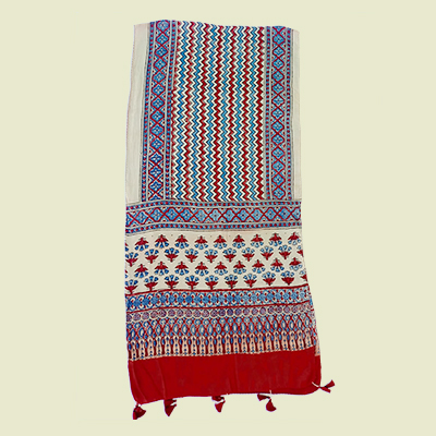 Heart Line and Floral Ajrakh Handprints Pure Silk Stole
