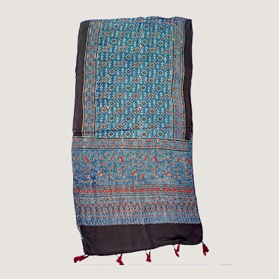 Blue N Black Floral Printed Ajrakh Printed Pure Model Silk Stole